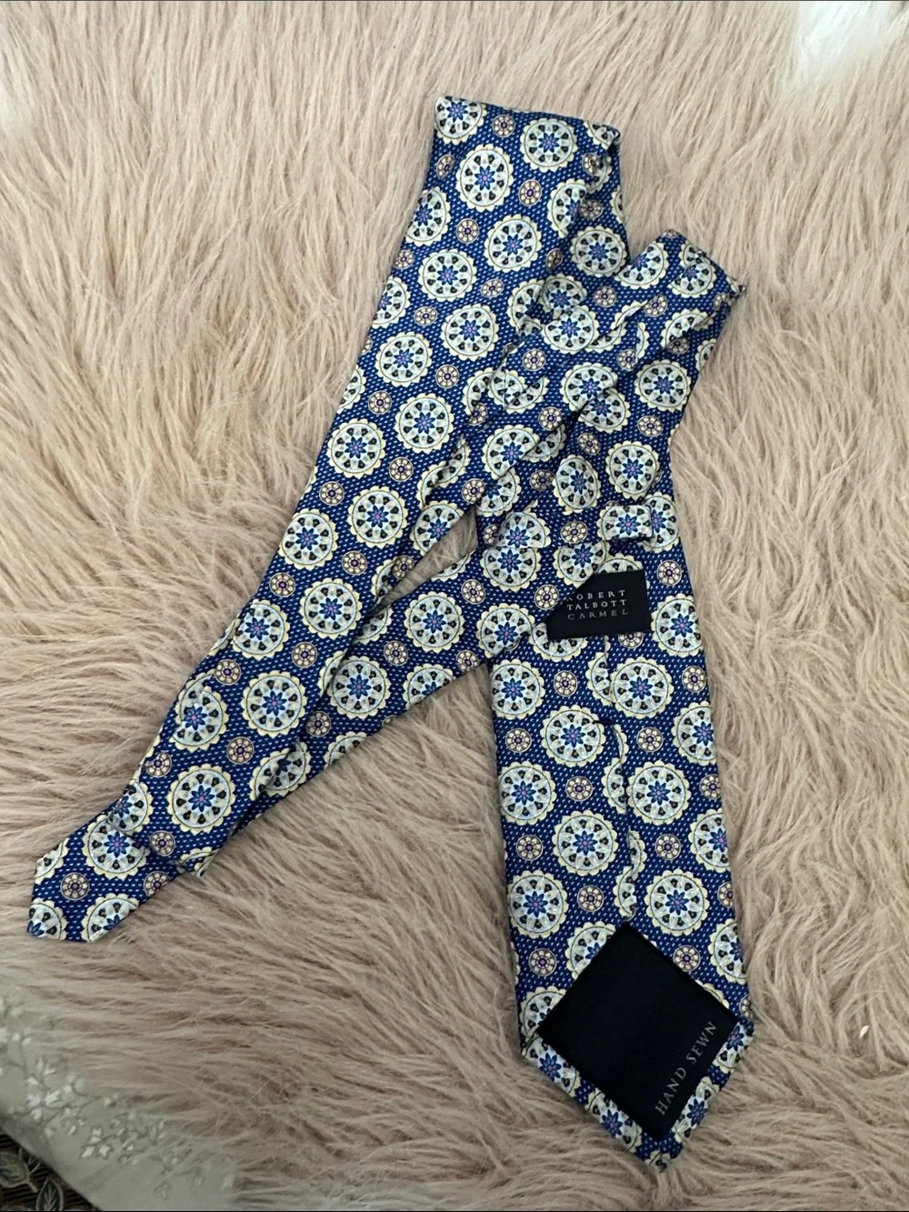 Robert Talbott Blue Medallion Silk Tie with Gold and White Accents